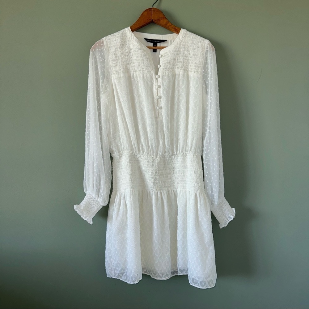 White House Black Market Ivory Sheer Overlay Smocked Waist Button Front Dress XS